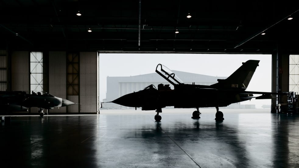 fighter jet in hanger 